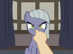 Size: 2772x2048 | Tagged: safe, artist:badumsquish, derpibooru exclusive, limestone pie, earth pony, human, pony, g4, angry, boop, death stare, female, frown, glare, hand, high res, offscreen character, pov, scowl, sitting, solo, this will end in pain and/or tears and/or death