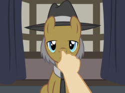 Size: 2772x2048 | Tagged: safe, artist:badumsquish, derpibooru exclusive, igneous rock pie, earth pony, human, pony, g4, boop, hand, hat, high res, looking at you, male, necktie, offscreen character, pov, sideburns, sitting, solo, stallion, unamused, wrong eye color