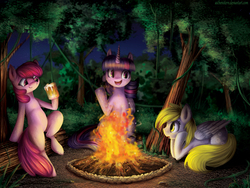 Size: 1300x975 | Tagged: safe, artist:aschenstern, berry punch, berryshine, derpy hooves, twilight sparkle, alicorn, pony, g4, apple cider, bonfire, camping, fire, forest, mug, night, open mouth, scenery, tree, twilight sparkle (alicorn)