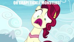 Size: 1191x670 | Tagged: safe, artist:leviarex, edit, edited screencap, screencap, cherry jubilee, pony, g4, party pooped, female, imminent tickles, implied tickling, meme, solo, terrified, this will end in laughs, this will end in tears, tickling