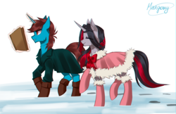 Size: 1238x800 | Tagged: safe, artist:margony, oc, oc only, pony, unicorn, book, boots, clothes, coat, duo, eyes closed, female, gift art, magic, male, mare, reading, smiling, snow, stallion, winter outfit
