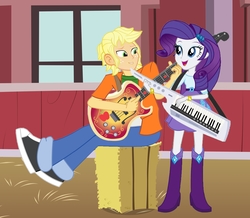 Size: 3825x3341 | Tagged: safe, artist:hectorcabz, applejack, rarity, equestria girls, g4, applejack (male), bass guitar, boots, bracelet, clothes, equestria guys, female, freckles, guitar, half r63 shipping, hay bale, high heel boots, high res, jewelry, keytar, male, musical instrument, rule 63, ship:applerity, shipping, shoes, skirt, straight