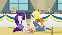 Size: 1385x779 | Tagged: safe, artist:hectorcabz, applejack, rarity, equestria girls, g4, apple cider, applejack (male), banana, boots, bracelet, cider, clothes, cup, cupcake, equestria guys, female, half r63 shipping, high heel boots, jewelry, male, milkshake, orange, punch (drink), punch bowl, rule 63, ship:applerity, shipping, shoes, straight, table