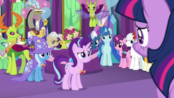Size: 1280x720 | Tagged: safe, screencap, bittersweet (g4), clypeus, discord, double diamond, fluffy clouds, frenulum (g4), lokiax, mayor mare, night glider, party favor, starlight glimmer, sugar belle, sunburst, thorax, trixie, twilight sparkle, alicorn, changedling, changeling, draconequus, pony, unicorn, celestial advice, g4, equestrian pink heart of courage, king thorax, reformed four, twilight sparkle (alicorn), twilight's castle
