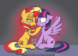 Size: 1050x750 | Tagged: safe, artist:burning-heart-brony, sunset shimmer, twilight sparkle, alicorn, pony, unicorn, equestria girls, g4, bedroom eyes, boop, eye contact, female, flirting, floppy ears, frown, gradient background, lesbian, looking at each other, mare, nose wrinkle, noseboop, ship:sunsetsparkle, shipping, sitting, smiling, spread wings, twilight sparkle (alicorn), wide eyes, wingboner, wings