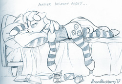 Size: 800x551 | Tagged: safe, artist:brianblackberry, cheerilee, earth pony, pony, g4, bed, book, clothes, female, floppy ears, food, ice cream, mare, monochrome, pillow, prone, sad, sketch, socks, solo, striped socks