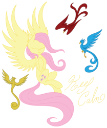 Size: 2089x2500 | Tagged: safe, artist:copperirisart, fluttershy, bird, pony, g4, eyes closed, female, high res, hooves to the chest, keep calm, peaceful, simple background, solo, spread wings, transparent background, wings