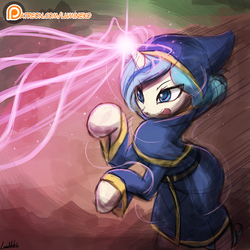 Size: 750x750 | Tagged: safe, artist:lumineko, oc, oc only, oc:opuscule antiquity, pony, unicorn, clothes, crossover, female, magic, mare, open mouth, patreon, patreon logo, puella magi madoka magica, raised hoof, rearing, solo, wizard