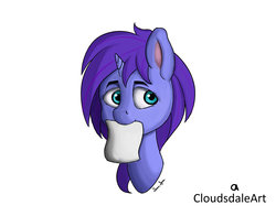 Size: 1024x804 | Tagged: safe, artist:cloudsdaleart, oc, oc only, oc:seafood dinner, pony, unicorn, bust, mouth hold, paper, purple mane, simple background, solo, white background