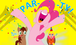 Size: 1024x606 | Tagged: safe, artist:bbbhuey, megan williams, pinkie pie, tj, human, g1, g4, confetti, g1 to g4, generation leap, musical instrument, party horn, trumpet