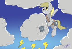 Size: 1280x873 | Tagged: safe, artist:gift, derpy hooves, pegasus, pony, g4, cloud, female, flying, gray, silly, silly pony, sky, solo, this will not end well, thunder