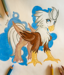 Size: 2959x3441 | Tagged: safe, artist:emberslament, oc, oc only, oc:silver quill, classical hippogriff, hippogriff, colored pencils, high res, male, pencil, photo, solo, traditional art, unshorn fetlocks