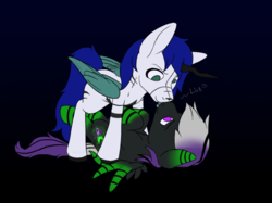 Size: 1116x836 | Tagged: safe, artist:arcanebolt32, oc, oc only, oc:jinx, oc:softshell, hybrid, pony, black background, licking, pinned down, simple background, smiling, smirk, tongue out