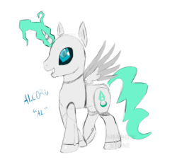 Size: 1628x1538 | Tagged: safe, artist:theshadowstone, oc, oc only, oc:ai.corn, alicorn, pony, robot, robot pony, alicorn oc, colored sketch, glowing horn, horn, magic, male, open mouth, simple background, smiling, solo, stallion, white background