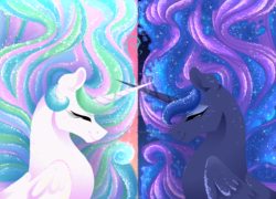 Size: 1280x920 | Tagged: safe, artist:dragonfoxgirl, princess celestia, princess luna, alicorn, pony, g4, duo, eyes closed, female, mare, missing accessory, royal sisters, sisters, smiling