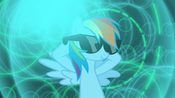 Size: 1920x1080 | Tagged: safe, artist:penguinsn1fan, artist:rainbowcrab, rainbow dash, pony, g4, arm behind head, circle, female, glowing, relaxing, solo, sunglasses, vector, wallpaper