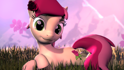Size: 1280x720 | Tagged: safe, artist:royaledolphin, roseluck, pony, g4, 3d, crossed arms, female, flower, flower in hair, grass, looking at you, mountain, poster, prone, rose, solo, source filmmaker
