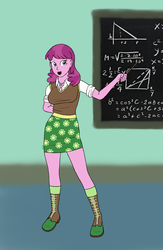 Size: 1062x1625 | Tagged: safe, artist:someguy88, cheerilee, equestria girls, g4, boots, chalkboard, cheeribetes, clothes, cute, female, jewelry, math, miniskirt, necklace, skirt, socks, solo