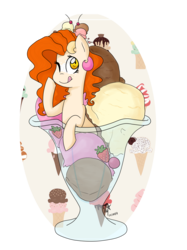Size: 2900x3867 | Tagged: safe, artist:miss-racco0n, oc, oc only, earth pony, pony, abstract background, female, food, high res, ice cream, mare, one eye closed, simple background, solo, sundae, tongue out, transparent background, wink