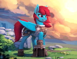 Size: 760x577 | Tagged: safe, artist:rodrigues404, oc, oc only, oc:wind raider, pegasus, pony, animated, cinemagraph, clothes, cloud, commission, female, gif, mare, scenery, sky, smiling, solo