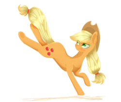 Size: 3000x2520 | Tagged: safe, artist:php146, applejack, earth pony, pony, g4, bucking, cowboy hat, eye clipping through hair, female, freckles, hat, high res, kicking, looking back, mare, simple background, smiling, smirk, solo, stetson, transparent background, underhoof