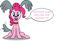 Size: 1024x697 | Tagged: safe, artist:paranoidpuppiesinc, pinkie pie, dog, pony, g4, clothes, collar, cosplay, costume, dialogue, female, misspelling, open mouth, pound puppies, rebound mcleish, solo, speech bubble