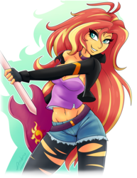 Size: 5100x6600 | Tagged: safe, artist:ambris, sunset shimmer, equestria girls, g4, absurd resolution, beautiful, beautisexy, belly button, belt, blushing, breasts, busty sunset shimmer, clothes, colored pupils, denim shorts, electric guitar, female, fingerless gloves, gloves, grin, guitar, heavy metal, jacket, leather jacket, long hair, looking at you, metal girl, midriff, musical instrument, ripped pantyhose, rock (music), sexy, shorts, smiling, solo, sunset shredder, tank top, torn clothes