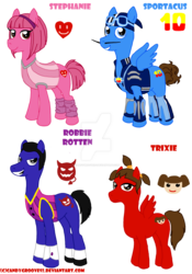 Size: 1024x1463 | Tagged: safe, artist:italianinjartist, earth pony, pegasus, pony, crossover, italian source, lazytown, ponified, robbie rotten, simple background, smiling, sportacus, stephanie, transparent background, trixie (lazytown)