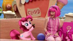 Size: 1280x720 | Tagged: artist needed, safe, pinkie pie, human, pony, g4, apple, crossover, eating, food, irl, lazytown, photo, pink, pink hair, ponies in real life, spanish source, stephanie, stephanie meanswell