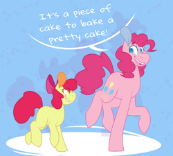 Size: 1020x916 | Tagged: safe, artist:superdorkishere, apple bloom, pinkie pie, earth pony, pony, g4, dialogue, freckles, lazytown, open mouth, song reference, speech bubble
