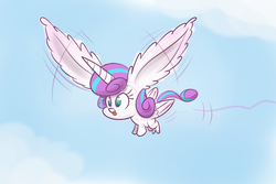 Size: 1280x853 | Tagged: safe, artist:heir-of-rick, princess flurry heart, alicorn, pony, g4, big ears, cloud, dumbo, ear fluff, female, flying, impossibly large ears, sky, solo, tongue out