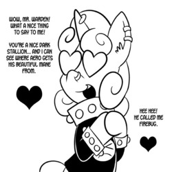 Size: 576x576 | Tagged: safe, artist:pembroke, sweetie belle, oc, oc only, oc:warden, pony, g4, dialogue, heart, heart eyes, meanie belle, monochrome, simple background, solo, white background, wingding eyes