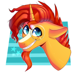 Size: 2000x2000 | Tagged: safe, artist:plnetfawn, sunburst, pony, unicorn, g4, abstract background, bust, collaboration, high res, male, portrait, simple background, smiling, solo, stallion, transparent background