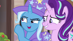 Size: 1280x720 | Tagged: safe, screencap, starlight glimmer, trixie, pony, g4, to where and back again, smiling, whispering