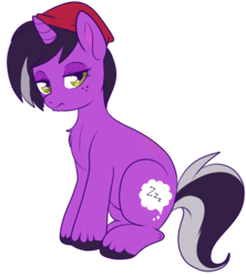 Size: 642x724 | Tagged: safe, artist:lulubell, oc, oc only, oc:lazy daze, pony, unicorn, beanie, chest fluff, female, freckles, hat, lidded eyes, mare, simple background, sitting, solo, transparent background, unshorn fetlocks