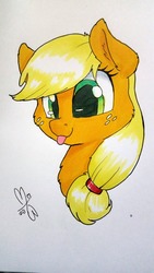 Size: 1080x1920 | Tagged: safe, artist:malwinters, applejack, pony, g4, bust, cute, female, missing accessory, portrait, solo, tongue out, traditional art