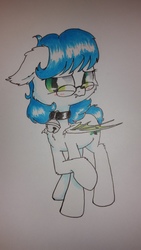 Size: 1080x1920 | Tagged: safe, artist:malwinters, oc, oc only, oc:wind chime, bat pony, pony, bell, bell collar, blushing, collar, embarrassed, female, glasses, mare, raised hoof, solo, traditional art