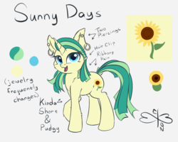 Size: 750x600 | Tagged: safe, artist:malwinters, oc, oc only, oc:sunny days, pony, unicorn, female, mare, open mouth, piercing, reference sheet, smiling, solo