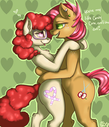 Size: 824x954 | Tagged: safe, artist:poisindoodles, babs seed, twist, earth pony, pony, semi-anthro, g4, bipedal, couple, cute, ear piercing, earring, female, filly, heart, hug, jewelry, lesbian, piercing, ship:babstwist, shipping, shoulder freckles