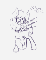 Size: 1280x1656 | Tagged: safe, artist:malwinters, oc, oc only, oc:wind chime, bat pony, pony, bell, bell collar, collar, female, glasses, mare, monochrome, raised hoof, sketch, solo, spread wings, wings
