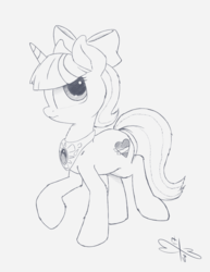 Size: 1280x1656 | Tagged: safe, artist:malwinters, oc, oc only, oc:mendy, pony, unicorn, bow, female, hair bow, jewelry, mare, monochrome, necklace, peytral, raised hoof, solo