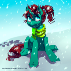 Size: 1000x1005 | Tagged: safe, artist:ka-samy, oc, oc only, pony, unicorn, clothes, curved horn, female, horn, mare, scarf, snow, solo