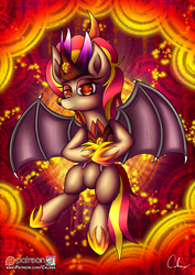 Size: 877x1240 | Tagged: safe, artist:calena, oc, oc only, pony, succubus, abstract background, bat wings, crown, energy, flying, gold, horseshoes, jewelry, nose piercing, nose ring, patreon, patreon logo, piercing, regalia, solo