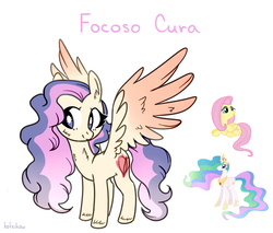 Size: 1000x852 | Tagged: safe, artist:koteikow, fluttershy, princess celestia, oc, alicorn, pegasus, pony, g4, fusion, prone, simple background, smiling, spread wings, white background, wings