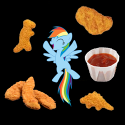 Size: 400x400 | Tagged: safe, rainbow dash, pegasus, pony, g4, black background, chicken nugget, eyes closed, female, food, happy, ketchup, mare, open mouth, sauce, simple background, solo