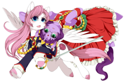 Size: 1950x1293 | Tagged: safe, artist:mr-tiaa, pegasus, pony, unicorn, anime, anthy himemiya, blue eyes, blushing, clothes, crossover, dress, female, glasses, green eyes, lesbian, mare, ponified, rapier, revolutionary girl utena, simple background, sword, transparent background, utena tenjou, weapon