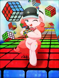 Size: 1536x2048 | Tagged: safe, artist:jawlo, pinkie pie, earth pony, pony, g4, bipedal, cap, female, hat, headphones, one eye closed, rubik's cube, solo