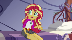 Size: 1280x720 | Tagged: safe, screencap, sunset shimmer, equestria girls, g4, my little pony equestria girls: legend of everfree, bed, camp everfree outfits, clothes, female, legs, open mouth, shorts, sitting, solo