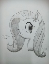 Size: 3120x4090 | Tagged: dead source, safe, artist:php142, fluttershy, butterfly, pony, g4, female, heart, heart eyes, high res, looking at you, mare, monochrome, shading, smiling, solo, traditional art, wingding eyes