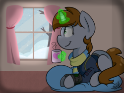 Size: 4000x3000 | Tagged: dead source, safe, artist:befishproductions, oc, oc only, oc:littlepip, pony, unicorn, fallout equestria, clothes, fanfic, fanfic art, female, glowing horn, horn, jumpsuit, magic, mare, pipbuck, prone, scarf, signature, solo, telekinesis, vault suit, winter